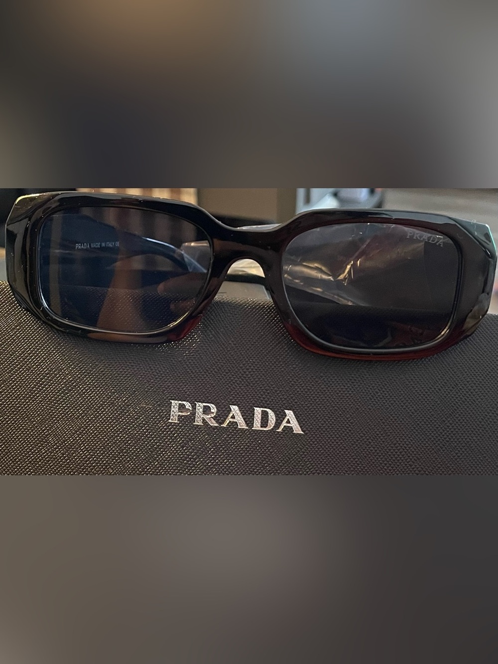 Prada Glossy Black Designer Sunglasses with Gold Logo